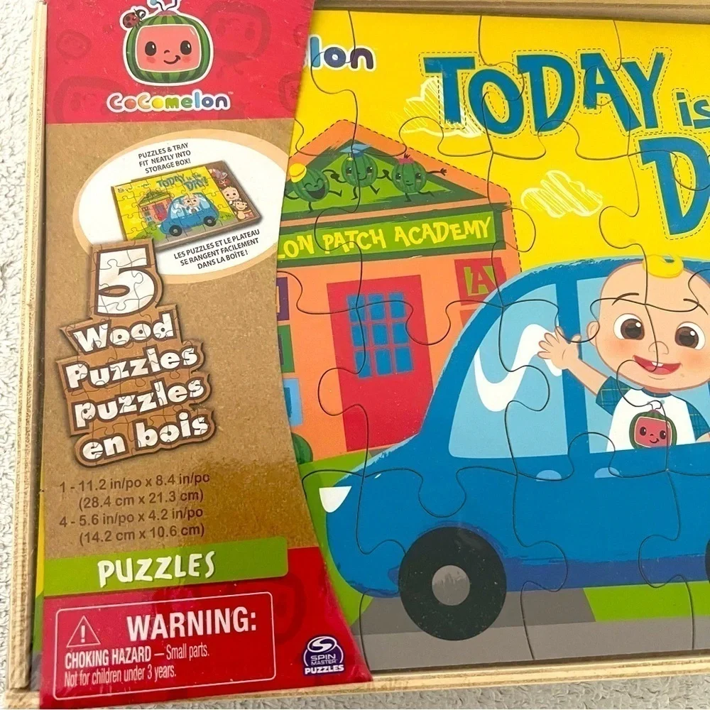 Cocomelon 5 Pack Wood Puzzles with Wooden Storage Box New Learning, Play Time